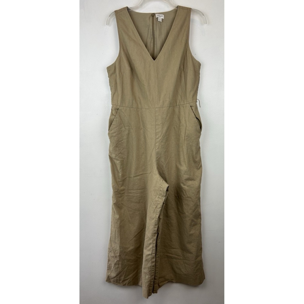 J Crew Jumpsuit Womens 12 Linen Blend Wide Leg Beige Casual Vacation Cruise Read